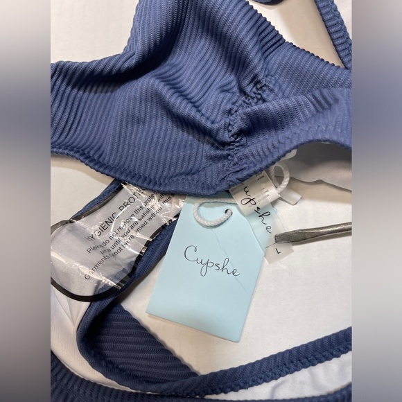 NWT Cupshe Deep Love Solid Bikini Set Tie Knot Mid Slate Ribbed Blue Size L - Picture 8 of 11